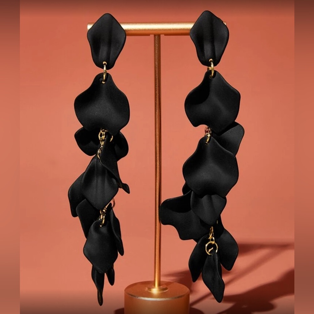 Black Rose petal long dangle earrings matte soft finish